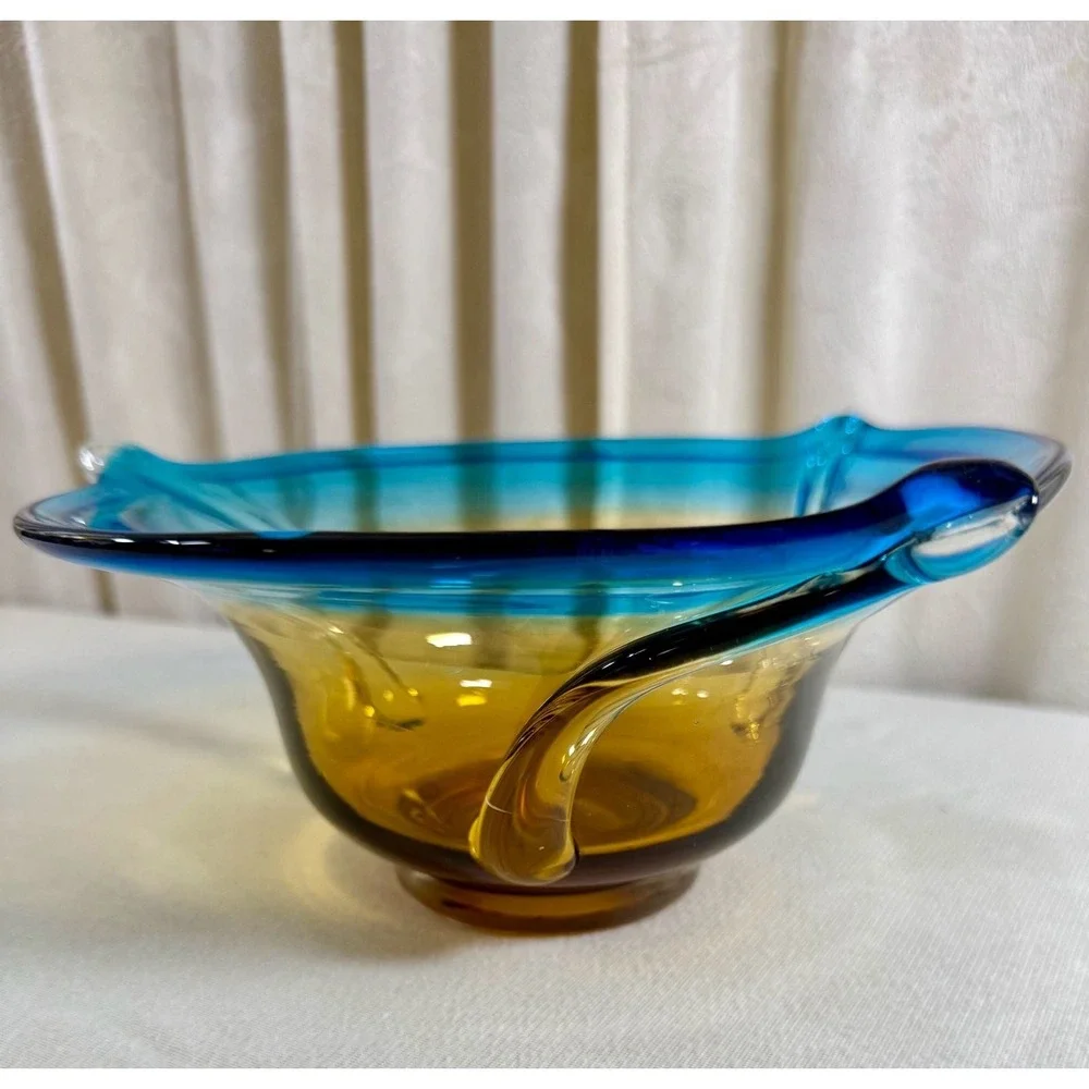 Mid-Century Modern Hand Blown Art Glass Console Bowl in Turquoise and Amber
